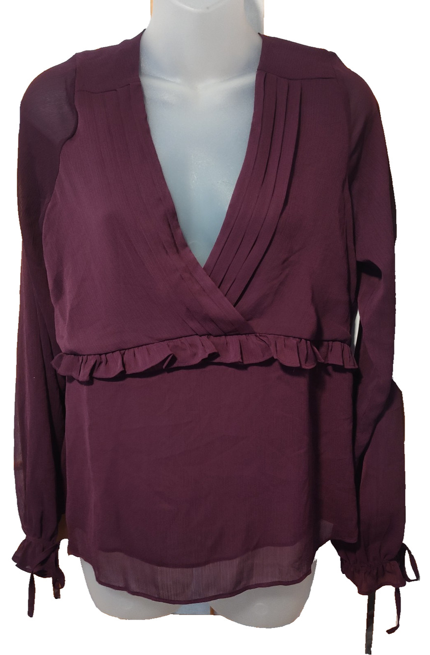 LOS ANGELES Women’s Purple Long Sleeve Ruffle Wrap Chiffon Top Size L BG39